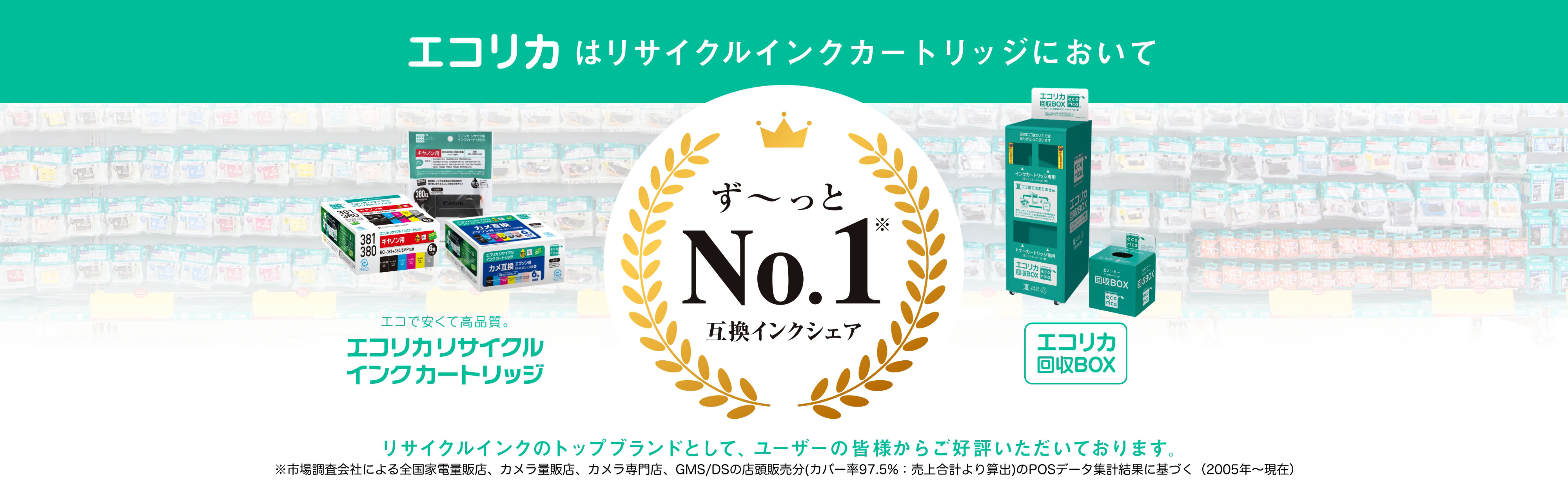 エコリカはリサイクルインクカートリッジにおいて「シェアNo.1※」18年連続No.1!リサイクルインクのトップブランドとして、ユーザーの皆様からご好評いただいております。※第三者機関による全国の家電量販店の販売実績をもとに自社集計（2005年〜現在）